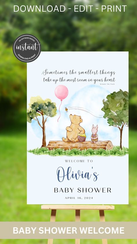 Oh, how cute is the Pooh and Piglet sitting on a log wondering about the "smallest things"? This is a perfect welcome sign for your Pooh themed baby shower. Our adorable story book themed welcome sign sets the mood and expectation of your baby shower. #babyshower #winniethepooh Pooh And Piglet, Winnie The Pooh Baby Shower, Pooh Baby, Modern Baby Shower, Shower Welcome Sign, Baby Shower Welcome Sign, Cute Stories, Boho Baby Shower, A Log