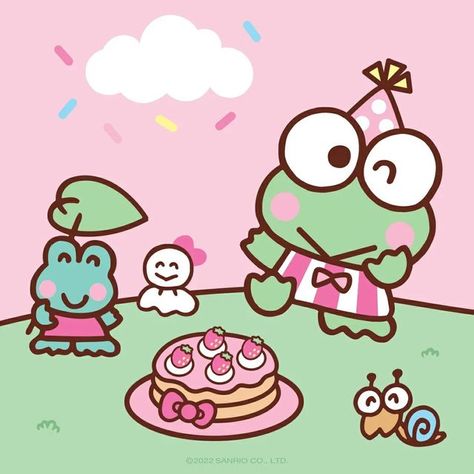 Keroppi Pfp Aesthetic, Keroppi Birthday Invitation, Kerropi Birthday, Kuropin Sanrio, Keroppi Birthday, Keroppi Cake, Friends Birthday, Hello Sanrio, Frog Drawing