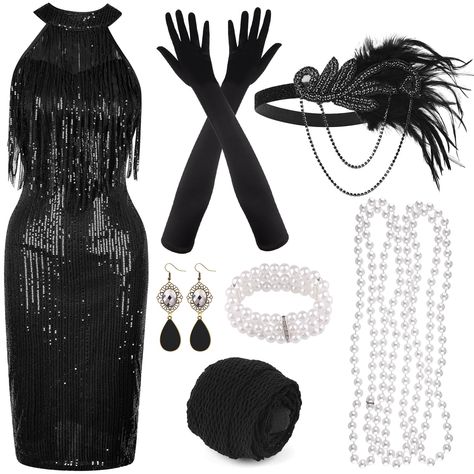 Black Great Gatsby Dress, Gatsby Outfit For Woman, Great Gatsby Party Outfit Black Women, Roaring 20s Party Outfit Women, Great Gatsby Themed Party Outfit, Gatsby Black Dress, Masquerade Theme Party Outfit, Halloween Costumes With Black Dress, Harlem Nights Costumes