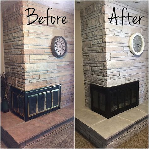 Painted Fireplace Hearth, Fireplace Hearth Stone, Whitewash Stone Fireplace, Painted Stone Fireplace, Stone Fireplace Makeover, How To Whitewash, Painted Fireplace, Sandstone Fireplace, Hearth Stone