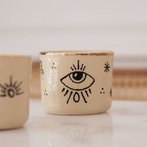 Evil Eye Design Ceramic Mug, Good Luck Pottery Tumbler, Gold Design Coffee Mug, Personalized Mug, Ceramic Cup Evil Eye Pottery, Pottery Tumbler, Eye Ceramic, Eye Motif, Eye Designs, Pottery Inspo, Evil Eye Design, Painted Pottery, Ceramic Tumbler