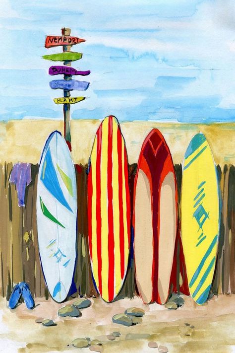 Cool Drawing Projects, Surfboard Acrylic Painting, Cool Painting Aesthetic, Easy Surf Painting Ideas, Surfing Painting Ideas, Friend Watercolor Painting, Surf Painting Ideas, Beachy Art Painting, Summer Time Paintings