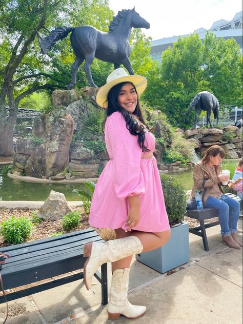 Pink Dress White Cowboy Boots, Pink Dress White Boots, Pink Leather Dress White Boots, Western Style Fitted Pink Heeled Boots, Pink Cowboy Boots Outfit, Western Style Pink Mid-calf Boots, Houston Rodeo, Texas City, Rodeo Outfits