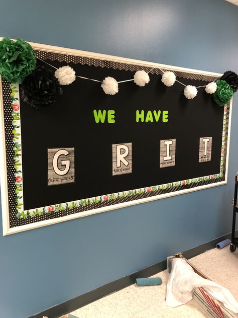 GRIT cactus themed bulletin board Grit Bulletin Board, Classroom Bulliten Boards, Cowgirl Classroom, School Hallway, Hallway Wall Art, School Hallways, Hallway Wall, Classroom Themes, Bulletin Boards