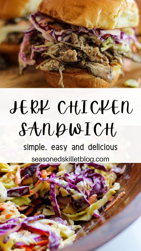 Jerk Chicken Sandwich Jerk Chicken Salad Sandwich, Jerk Chicken Breast, Chicken Seasoning Recipes, Shredded Chicken Sandwiches, Pulled Chicken Recipes, Caribbean Jerk Chicken, Sliders Recipes Chicken, Pulled Chicken Sandwiches, Jerk Chicken Recipe