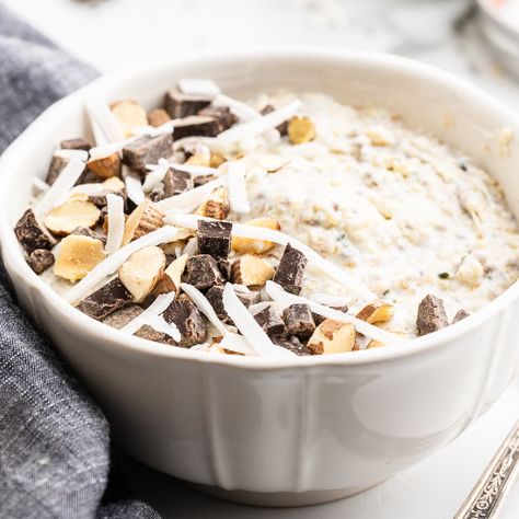 Keto Almond Joy Overnight Oatmeal in a white bowl on a white marble counter. Keto Almond Joy, Keto Oatmeal, Breakfast And Brunch, Overnight Oatmeal, Ideal Protein, Almond Joy, White Bowl, Marble Counter, Keto Recipes Dinner