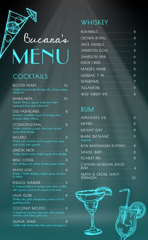 Nightclub Menu Templates and Designs - MustHaveMenus Bar Drinks Menu Design, Restaurant Bar Menu Design, Cocktail Menu Design Templates, Drinks Menu Design, Cocktail Menu Design, Liquor List, Marketing Copy, Drink Menu Design, Menu Sans Gluten