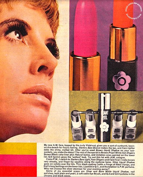 1967.                                                          Mary Quant make-up. Mary Quant Designs, Mary Quant 60s Fashion, 60s Beauty Ads, Mary Quant Ginger Group, Mary Quant Mini Skirt, Mary Quant Mini Skirt 1960s, Late 60s Fashion, Vintage Makeup Ads, Liquid Shadow