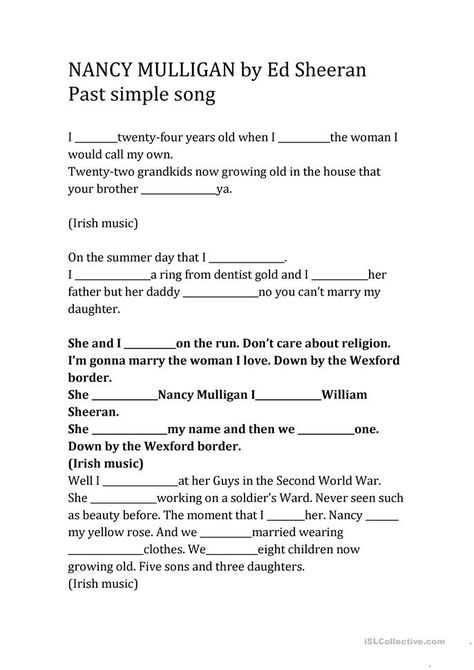 Past simple song Nancy Mulligan by Ed Sheeran - English ESL Worksheets for distance learning and physical classrooms Nancy Mulligan, English Past Tense, Sentence Making, Speaking Activities English, Grammar Help, English Music, Nursery Rhymes Activities, Past Simple, End Of Year Activities