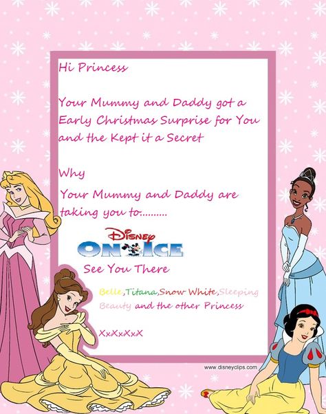 what about a surprise letter from the princess about her surprise to Disney on ice Disney On Ice Surprise Ideas, Sweet Packets, Surprise Ideas, Elf Games, Xmas Gift Tags, Disney Musical, Elf Activities, Disney On Ice, Christmas Surprise