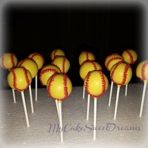 Softball Cake Pops, Softball Cakes, Softball Birthday Cakes, Softball Treats, Softball Cupcakes, Softball Cookies, Cupcakes For Girls, Softball Cake, Baseball Cake Pops