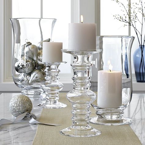 Barlow Clear Glass Pillar Candle Holders | Crate and Barrel Wedding Reception Candles, Cheap Candle Holders, Glass Pillar Candle Holders, Clear Glass Candle Holders, Large Glass Vase, White Pillar Candles, Floor Candle, Diy Candle Holders, Candle Displays