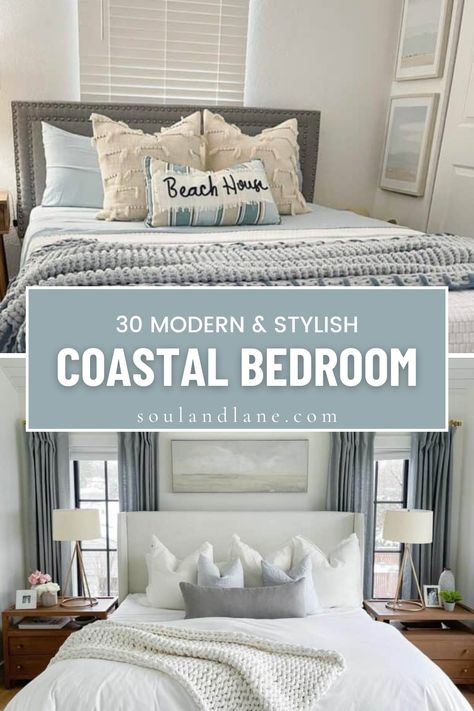 Channel coastal chic in your bedroom with refreshing designs that promise a luxe beachside feel, even if the shore is miles away. Embrace a light and sophisticated color scheme with touches of coral, teal, or navy against a backdrop of crisp whites and soft grays. Choose sleek, modern furniture with clean lines, finished in light woods or glossy whites, to reflect the simplicity and purity of coastal landscapes. Elevate the space with luxurious touches like a plush, tufted headboard or high-qual Navy Blue Coastal Bedroom, Tufted Headboard Bedroom Ideas, Charcoal Headboard Bedroom, Beige Headboard Bedroom Color Schemes, Navy Coastal Bedroom, Coastal Bedrooms Colors, Beige Headboard Bedroom, Charcoal Headboard, Blue Coastal Bedroom