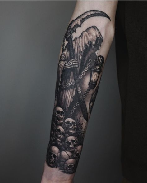 Reaper Arm Tattoo, Outer Forearm Tattoo, Tattoo Red, Grim Reaper Tattoo, Reaper Tattoo, Rose Tattoos For Men, Skull Sleeve Tattoos, Skull Sleeve, Tattoo Forearm