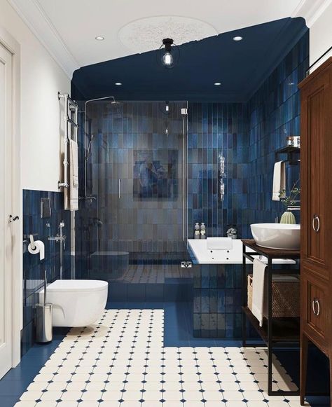 Mens Wall Decor, Masculine Wall Decor, Bathroom Tile Design Ideas, Yellow Kitchen Cabinets, Dark Blue Bathrooms, Sunroom Windows, Tile Design Ideas, Cottage Bathroom Ideas, Cottage Bathroom