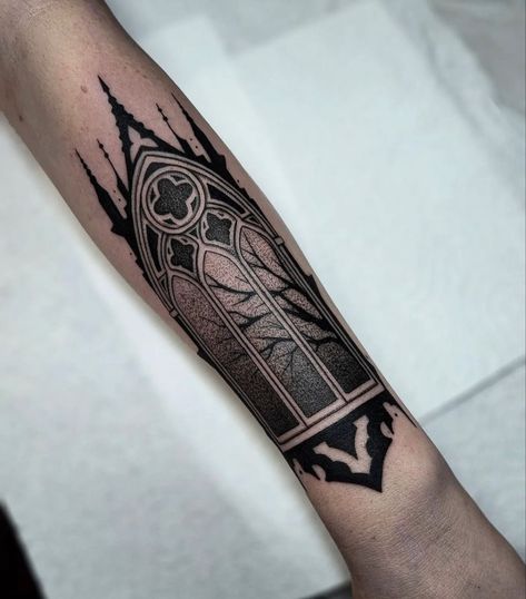 Cathedral Tattoo Design Window, Black And Grey Stained Glass Tattoo, Gothic Geometric Tattoo, Cathedral Finger Tattoo, Gothic Architecture Tattoo Sleeve, Gothic Cathedral Window Tattoo, Chaotic Tattoo Ideas, Black And White Stained Glass Tattoo, Stained Glass Tattoo Sleeve