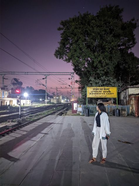 Ayodhya railway station Prayagraj Railway Station, Train Station Photoshoot Ideas, Ayodhya Snap, Ayodhya Aesthetic, Railway Station Snap, Railway Station Aesthetic, Railway Station Photography, Railway Photoshoot, Station Snap