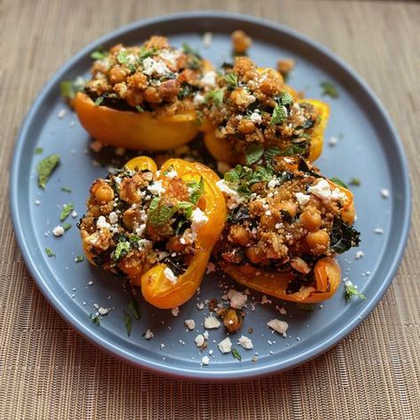 We have always been intimidated by the idea of making stuffed peppers. Turns out that it’s remarkably easy, especially with our Ras El Hanout spice blend!Serves 2 as main dish, 4 as appetizerShopping List2 large red, orange or yellow... Moroccan Stuffed Peppers, Vegetarian Healthy Meals, Oven Roasted Ribs, Ras Al Hanout, Season Recipes, Sauteed Kale, Ras El Hanout, Roasted Cashews, Chicken Kebabs