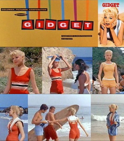 Gidget 1st wore shapeless tank suit, then cute sailor suit & gold malliot. Gidget 1959, Gidget Movie, Snorkel Gear, 1960s Movies, James Darren, Surf Movies, Frankie Avalon, Bobby Darin, Sandra Dee