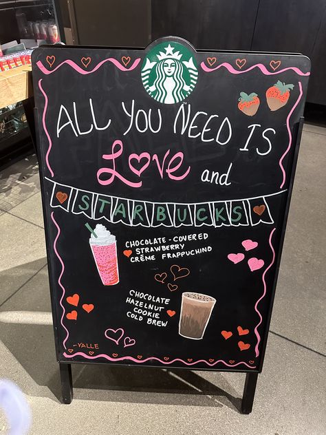 Created for my store for Valentines Day drinks Starbucks Valentines Chalkboard, Starbucks Chalkboard Art Christmas, Valentines Day Drinks, Starbucks A Frame Sign, Starbucks Holiday Chalkboard Art, Starbucks Holiday Chalkboard, Chocolate Hazelnut Cookies, Starbucks Design, Hazelnut Cookies