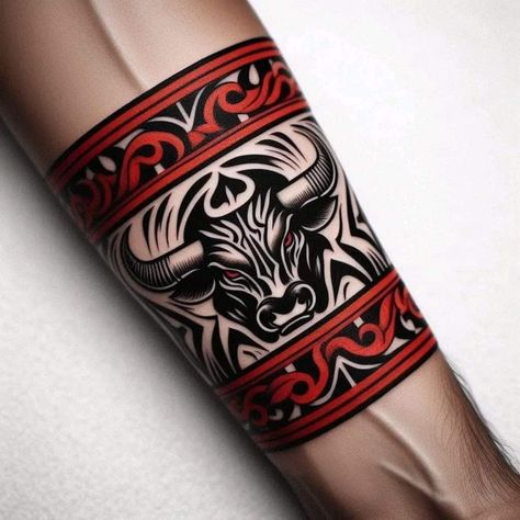 Taurus Chest Tattoo, Arte Trash Polka, Polka Tattoo Designs, Ox Tattoo, Calf Tattoo Ideas, Trash Polka Tattoos, Wrist Band Tattoo, Cute Tattoo Ideas, Lower Arm Tattoos