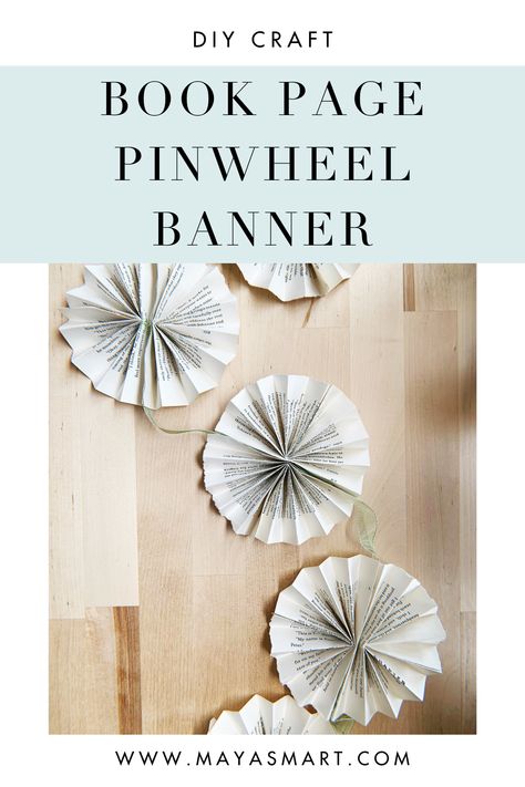 DIY book page pinwheel banner! This banner is the perfect book-lover decoration for a birthday party, baby shower, or even a little photoshoot. #bookparty #bookpartydecorations #bookcrafts #books #booklovers Book Page Pinwheel, Book Ceiling Decor, Book Page Party Decorations, Paper Crafts Book Pages, Book Page Banner Diy, Book Lover Party Decorations, Literary Party Decorations, Book Lovers Party Theme, Book Pages Decorations