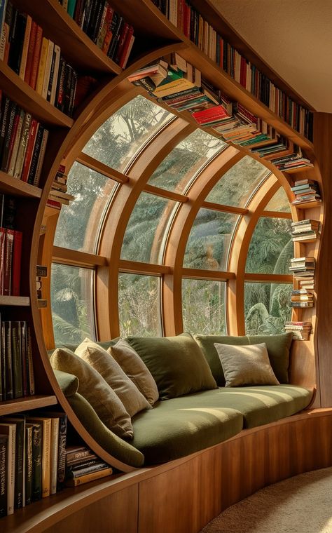 Library Tiny House, Turret Reading Nook, Circular Windows Architecture, Window Book Nook Ideas, Fun Rooms In Houses, Round Room Interior Design, Circle Bookshelf, Circular Library, Round Library