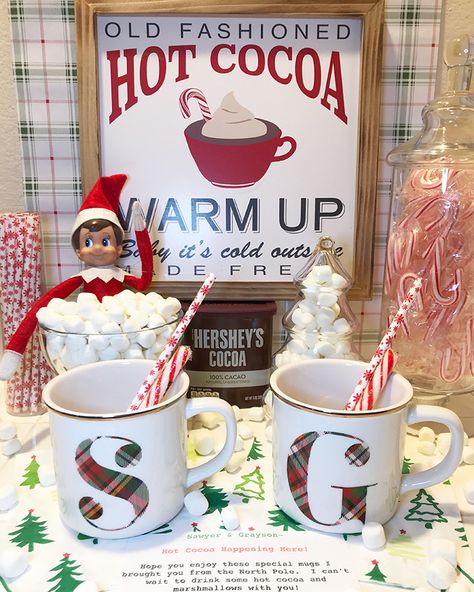 Elf On Shelf Hot Cocoa Ideas, Hot Coco Elf Ideas, Elf On The Shelf Hot Cocoa Ideas, Hot Cocoa Ideas, Tomorrow Is December, Kids Mugs, Shelf Elf, Kids Alphabet, Elf Names