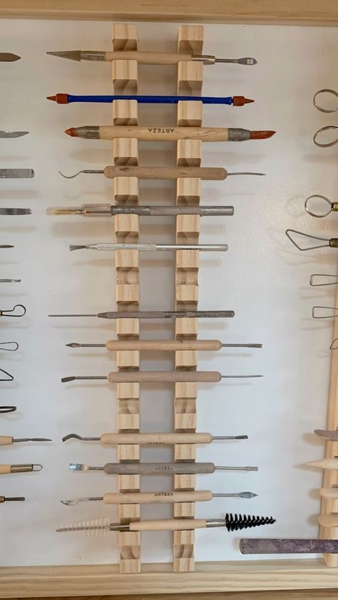 My husband is a master organizer. We laid out my pottery tools on the table and then he put them on the wall so they are easy to find. He… | Instagram Pottery Organization, Pottery Shed, Tool Files, Tool Board, Organized Living, Pottery Tools, Functional Pottery, Studio Ideas, Ceramic Studio