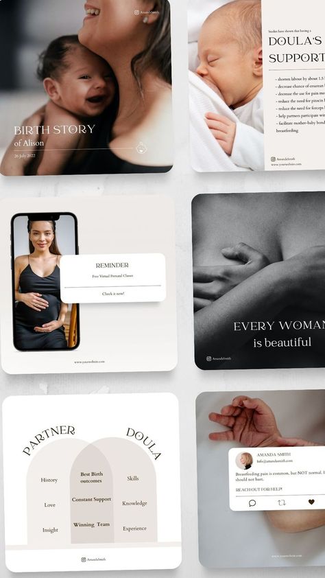 Enjoy beautiful & modern social media post templates designed spesifically for Doulas ♥
All photos and content are included :)

Easily change any element to match your brand style and listing needs.
This product is an instant digital download. Doula Instagram Posts, Doula Branding, Birth Worker, Doula Business, Baby Spa, Graphic Design Tutorials Learning, Marketing Facebook, Instagram Theme Feed, Branding Inspo