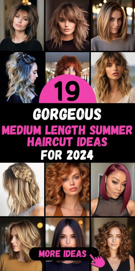 Get ready to turn heads this summer with our selection of 19 trendsetting medium-length summer haircut ideas for 2024. Medium-length hair is the perfect canvas for trying new styles, whether it's adding bangs or experimenting with highlights for brown hair. Find your ideal hairstyle for women that keeps you looking stylish and fresh throughout the season. Elevate your summer look with these trendy haircut ideas. Medium Length Hair With Layers And Bangs Popular Haircuts, 2024 Mid Length Hairstyles, Summer 24 Hair Trends, Choppy Hairstyles Medium, Summer 2024 Hairstyles, Hair Cuts Mid Length Layers, Medium Length Hair Styles 2024, Medium Length Hair 2024, Summer 2024 Hair Trends For Women