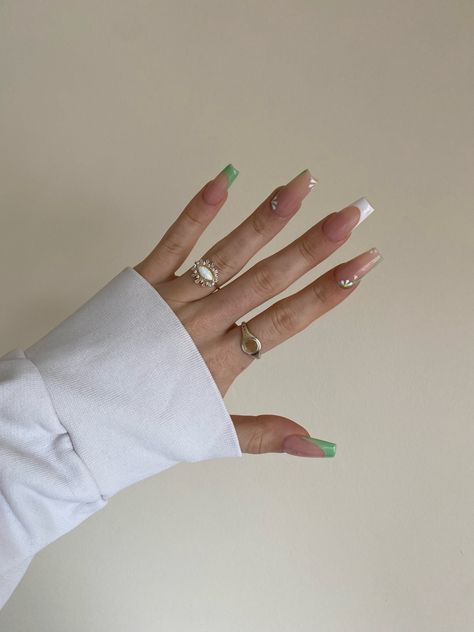 Spring / summer ss 2023 french sage green and white floral printed nails Green And White Acrylic Nails Coffin, Square Sage Nails, Wedding Nails Sage Green And White, Nails With Sage Green, White Nails With Green Designs, Sage Green And White Nails, White And Green Nails, Printed Nails, Nude Coffin Nails