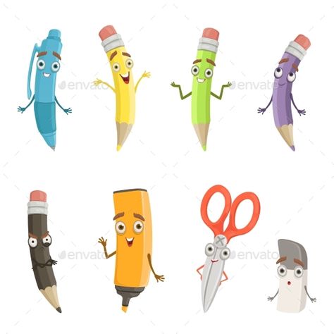 Cartoon characters of different drawing tools. Pencils, pen and others. School instrument pen with face, vector illustration Cartoon Objects With Faces, Smile Symbol, Handbook Design, Cartoon Objects, Happy Icon, Pen Cartoon, Face Fun, Artwork Cartoon, Cartoon Expression