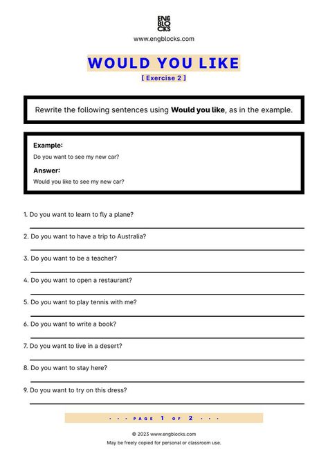 #wouldyoulike #wouldyoulikeworksheet #english #englishgrammar #esl #eslworksheet #engblocks #eslwebsite English Grammar Exercises, English Teaching Resources, Grammar Exercises, English Grammar Worksheets, Grammar Worksheets, Esl Worksheets, Learn Japanese, English Class, English Grammar