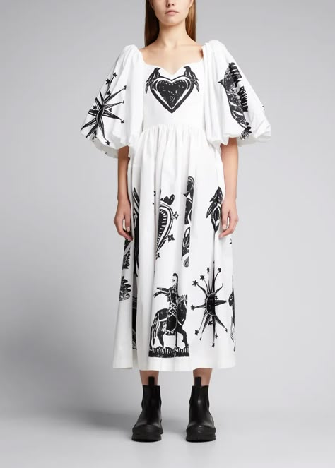 B6JPP Alexander McQueen Papercut-Print Puff-Sleeve Poplin Midi Dress Frida Kahlo Style, Alexander Mcqueen Dresses, Alexander Mcqueen Clothing, Cotton Poplin Dress, Creative Clothes, Womenswear Fashion, Painted Clothes, Poplin Dress, Bergdorf Goodman