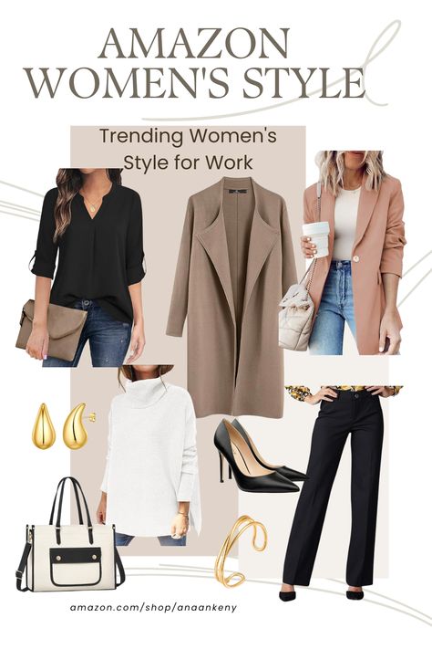 Collage of women's clothing for going to work in neutral colors. Amazon Influencer Outfits Over 50, Conference Outfit, Women Ceo, Clothes For Women Over 50, Amazon Business, Amazon Clothes, Organized Chaos, Tan Woman, Winter Outfits For Work