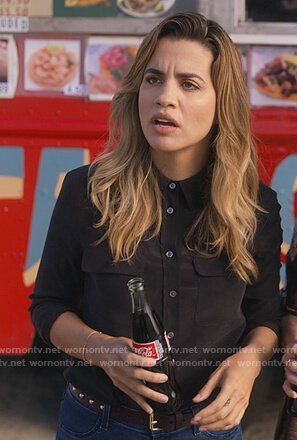 Natalie Morales as Michelle Gutierrez in Netflix' 'Dead To Me' Natalie Morales, Black Silk Blouse, Worn On Tv, Dead To Me, Half Zip Sweaters, Fashion Board, Other Outfits, Latest Outfits, Look Alike