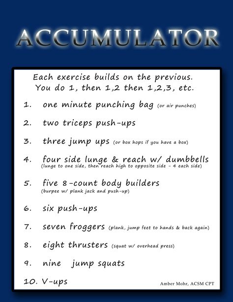 Accumulator Circuit workout.  Each exercise builds on the one before it. Accumulator Workout, Amrap Hiit Workout, Amrap Workout Weights, Bootcamp Exercises Circuit Training, Garage Workouts, Group Hiit Workout Interval Training, Bootcamp Ideas, Body Makeover, Strength Workouts