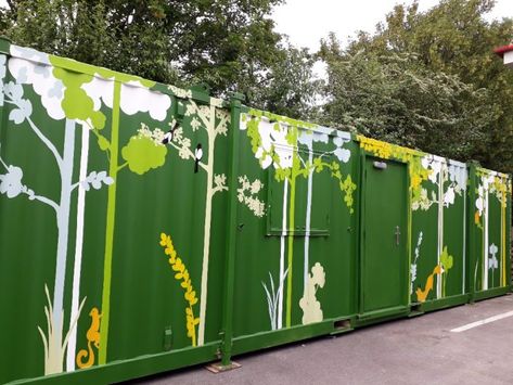 urban-city-woodland-trees-shippingcontainer-mural-green Shipping Container Mural, Shipping Container Design, Garden Fence Art, Block Painting, School Murals, Fence Art, Container Design, Murals Street Art, Art Folder