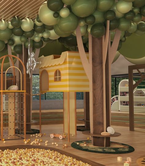 Jungle-Themed Kindergarten With Magical Market Jungle Theme Playroom, Luxury Bar Design, Indoor Playground Design, Kindergarten Interior, Luxury Hotels Lobby, Kids Cafe, Kindergarten Design, Covet House, Nursery Room Design