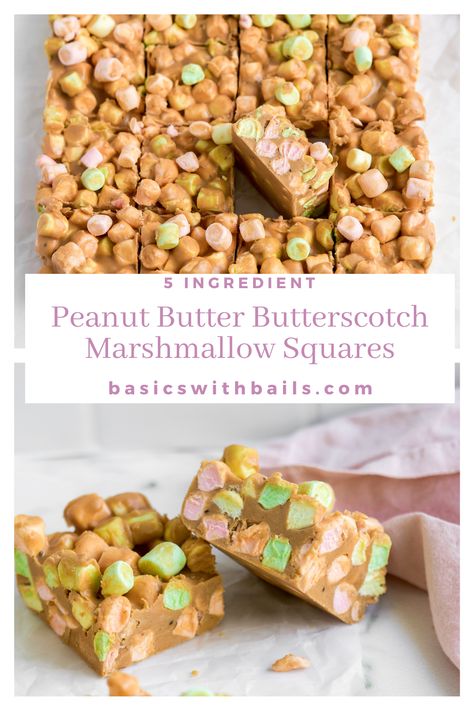 Peanut butter confetti squares are an easy colorful dessert with fruity marshmallows, peanut butter, and butterscotch chips to make the perfect marshmallow fudge dessert. #peanutbutterbars #dessertbars #marshmallow #minimarshmallows #peanutbutter #dessert #nobakedessert #dinnerthendessert Peanut Butter Butterscotch Marshmallow, Butterscotch Marshmallow Squares, Butterscotch Marshmallow, Peanut Butter Marshmallow Bars, Butterscotch Peanut Butter, Confetti Squares, Marshmallow Dessert Recipes, Peanut Butter Marshmallow Squares, Marshmallow Squares