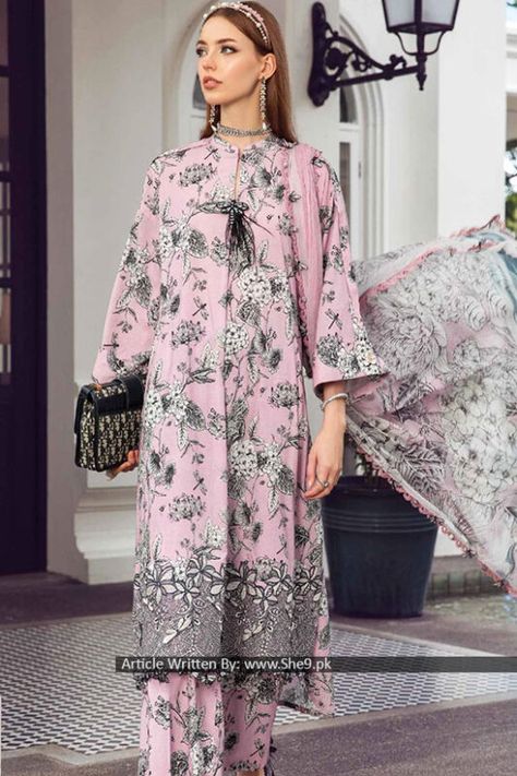 Maria B Winter Collection 2023 – Unstitched M.Prints She9.pk Maria B Collection 2023, Pakistani Boutique, Pakistani Designer Clothes, Unstitched Dress Material, Lawn Dress, Embroidered Bodice, Maria B, Chiffon Dupatta, Pakistani Designers