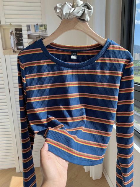 Plus Size Women's Colorful Striped Round Neck Long Sleeve Cropped T-Shirt For Casual School Campus Daily Wear, Autumn/Winter Multicolor Casual  Long Sleeve Knitted Fabric Colorblock,Striped  Slight Stretch  Women Plus Clothing, size features are:Bust: ,Length: ,Sleeve Length: Cute Multicolor Long Sleeve T-shirt, Cheap Crew Neck T-shirt With Striped Sleeves, Cheap Striped T-shirt With Graphic Print, Cheap Cotton T-shirt With Striped Sleeves, Cheap Blue T-shirt With Contrast Stripes, Fitted Long Sleeve, Turtleneck T Shirt, School Campus, Striped Turtleneck