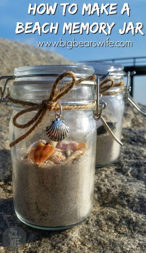 Planning a trip to the beach this summer? Take some time to collect a few seashells and a little sand to create your own personal DIY Beach Memory Jar vacation souvenir. Jar With Sand And Shells, Beach Sand Bottle Ideas, Sand Jars Diy, Sand Jar Ideas Vacation Memories, Seashell Jar Ideas, Diy Beach Keepsakes, Sand Jars From Vacation, Beach Jars Diy Ideas, Sand And Shells In A Jar Ideas