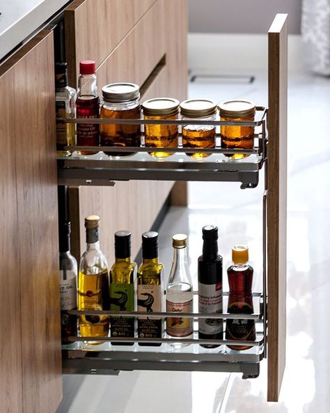 Oil pull-out drawer. Organized kitchen.  Unfold Creative Studio Ltd. (@letit_unfold) • Instagram photos and videos Kitchen Pullout, Pull Out Kitchen Cabinet, Village Kitchen, Outdated Kitchen, Kitchen Triangle, Transitional Kitchens, Dry Food Storage, Spice Drawer, Kitchen Cabinet Drawers