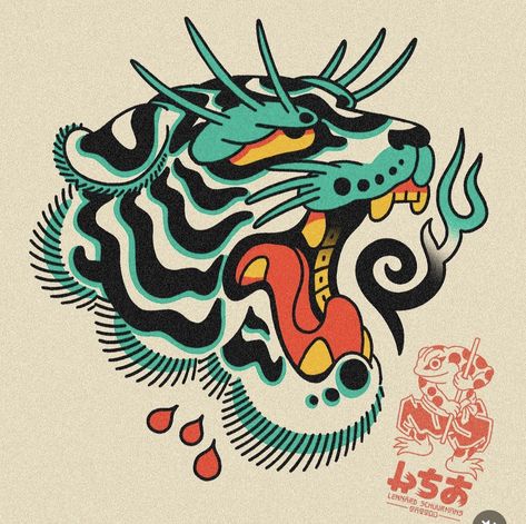 Asian Tattoo Ideas Japanese Art, Trad Japanese Tattoo Sleeve, Asian Tiger Art, Korean Tiger Illustration, Japanese Portrait Tattoo, Japanese Folklore Tattoo, Traditional Godzilla Tattoo, Japanese Tiger Tattoo Traditional, Tiger Line Drawing