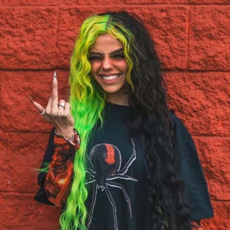 Beasteater (@imbeasteater) on Snapchat Beasteater Outfit, Beasteater Makeup, Fall Hair Aesthetic, Green And Brown Split Dye, Crazy Hair Color Ideas For Brunettes, Brown And Lime Green Hair, Brown And Neon Green Hair, Cool Dyed Hair, Edgy Hair Color Ideas