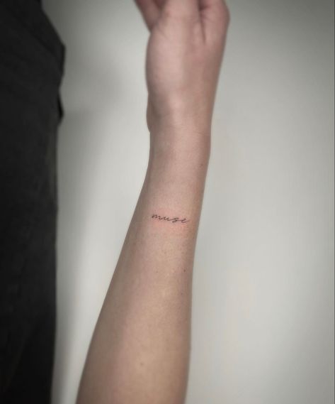 Wrist tattoo “muse” fine line Fine Line Tattoo On Wrist, Fine Line Tattoo Side Of Wrist, Fine Line Written Tattoo, Let It Be Fine Line Tattoo, Muse Tattoo, We'll Be Fine Line Tattoo, Fine Line Tattoos, Line Tattoos, Mini Tattoos