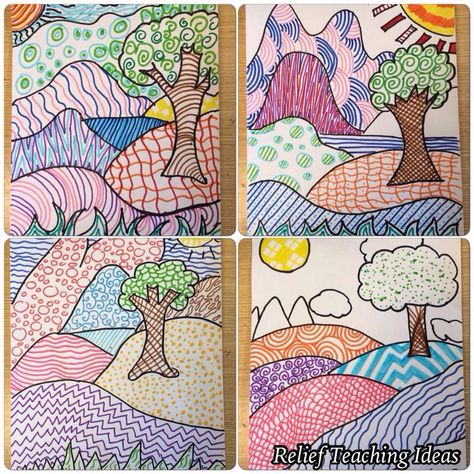 Art Sub Lessons: Patterned Landscapes Scratchboard Art Lessons, Step By Step Art Lessons, Chuck Close Art, Kids Drawing Ideas, Preschool Art Lessons, Landscape Art Lessons, Line Art Lesson, Color Art Lessons, 3rd Grade Art Lesson