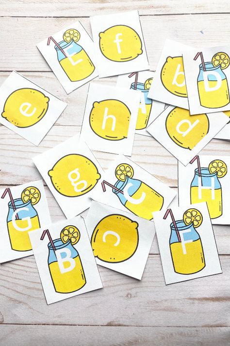 Print and play this Lemonade alphabet matching capital and lowercase matching game for preschool, for kindergarten, even for motivated toddlers! This ABC learning game is perfect for ages PreK and up and there’s a FREE PRINTABLE! #activitiesforkids #learningathome #earlylearning #readingideas #forkids #educationalactivities Lemonade Activity For Preschool, Summer Letter Activities Preschool, Lemonade Printables Free, Preschool Lemonade Activities, Lemon Lesson Plans, Lemonade Activities For Toddlers, Lemonade Art Preschool, Lemonade Crafts For Toddlers, Preschool Lemonade Theme